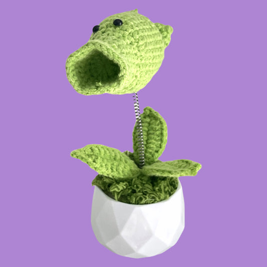 Handcrafted Crochet Peashooter Flower Planter with Spring Stem A14